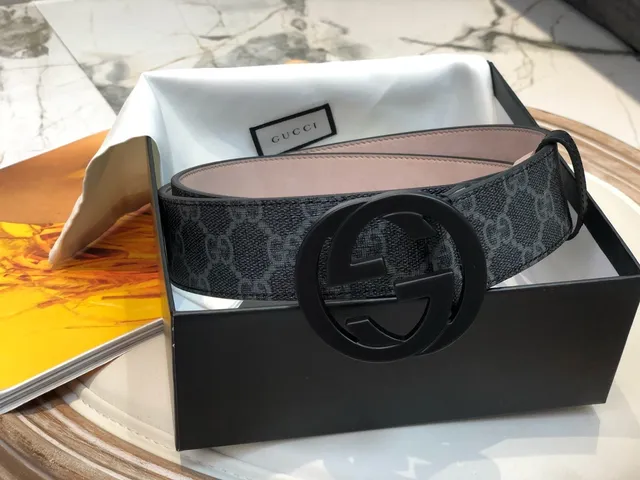 Gucci Ophidia Black Gray GG Monogram Canvas Matte Interlocking G Buckle Leather Belt 5