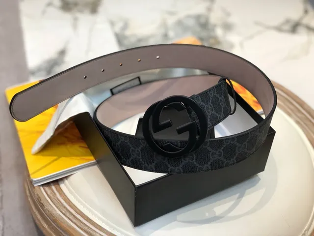 Gucci Ophidia Black Gray GG Monogram Canvas Matte Interlocking G Buckle Leather Belt 6