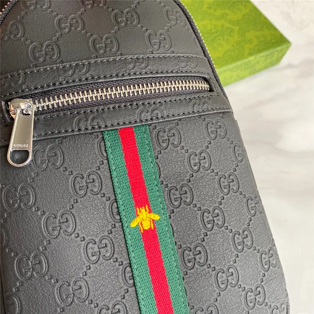 Gucci Ophidia Sac Messenger Noir Vert Monogramme GG Embossé Poche avec Fermeture Éclair Avant 7