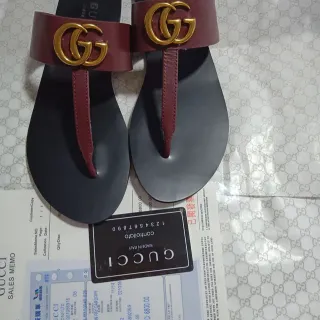 Gucci Ophidia Burgundy Black Interlocking GG Logo Leather Strap Casual Sandals