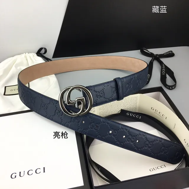 Gucci Ophidia Embossed GG Monogram Navy Leather Belt 2