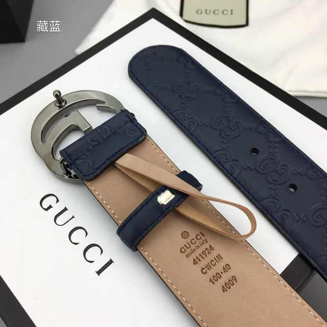 Gucci Ophidia Embossed GG Monogram Navy Leather Belt 8