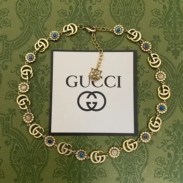 Colar Gucci Ophidia Dourado e Prateado com links GG interligados e motivos florais de margarida 6