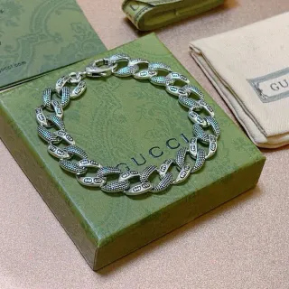 Gucci Ophidia Pulsera de cadena curb-link chunky plateada azul con grabados de motivos Double-G