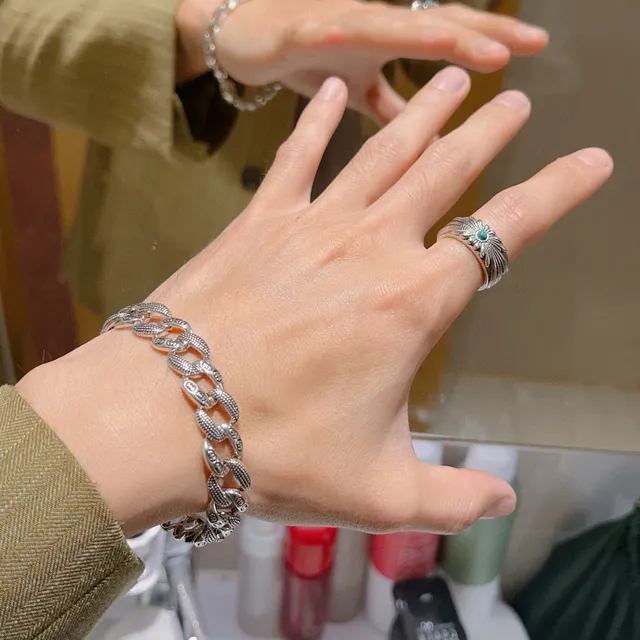 Gucci Ophidia Silver Blue Chunky Curb-Link Engraved Double-G Motifs Bracelet 2