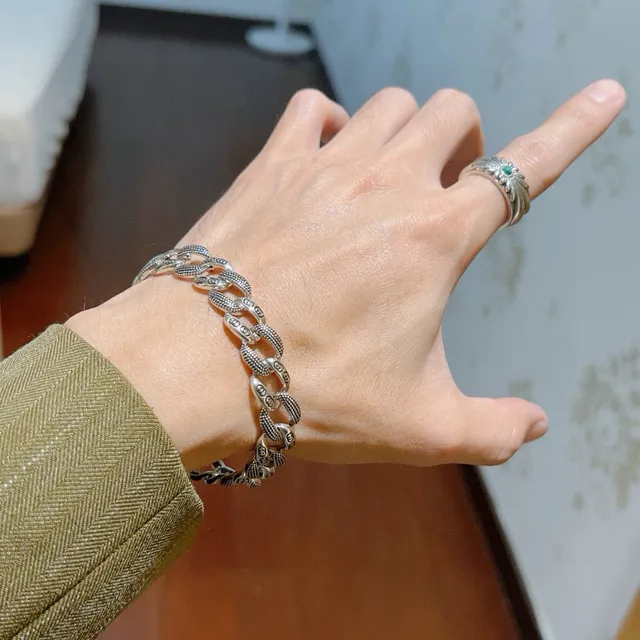 Gucci Ophidia Silver Blue Chunky Curb-Link Engraved Double-G Motifs Bracelet 5