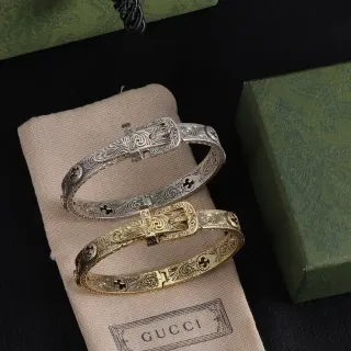 Gucci Ornate Engraved Buckle-Clasp Silver and Gold Metal Bracelets