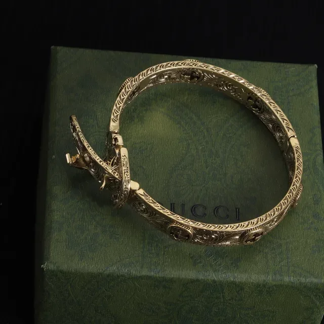 Gucci Ornate Engraved Buckle-Clasp Silver and Gold Metal Bracelets 2