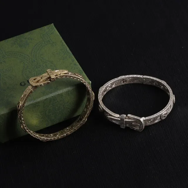 Gucci Ornate Engraved Buckle-Clasp Silver and Gold Metal Bracelets 4