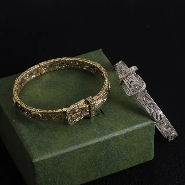 Gucci Ornate Engraved Buckle-Clasp Silver and Gold Metal Bracelets 5