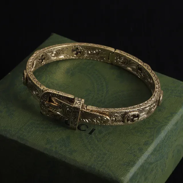 Gucci Ornate Engraved Buckle-Clasp Silver and Gold Metal Bracelets 6