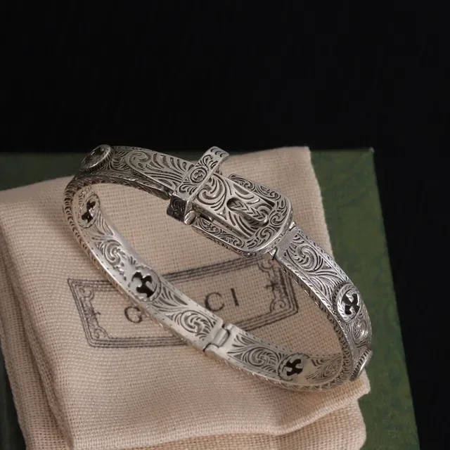 Gucci Ornate Engraved Buckle-Clasp Silver and Gold Metal Bracelets 7