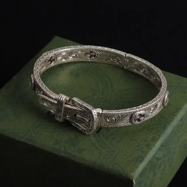 Gucci Ornate Engraved Buckle-Clasp Silver and Gold Metal Bracelets 8
