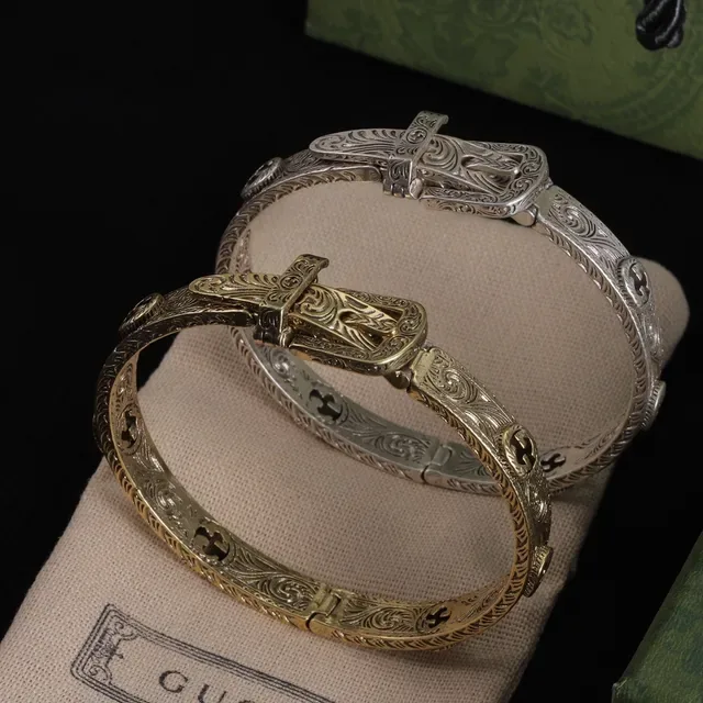 Gucci Ornate Engraved Buckle-Clasp Silver and Gold Metal Bracelets 9