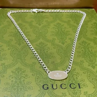 Gucci Oval ID Pendant Silver Curb Chain Necklace