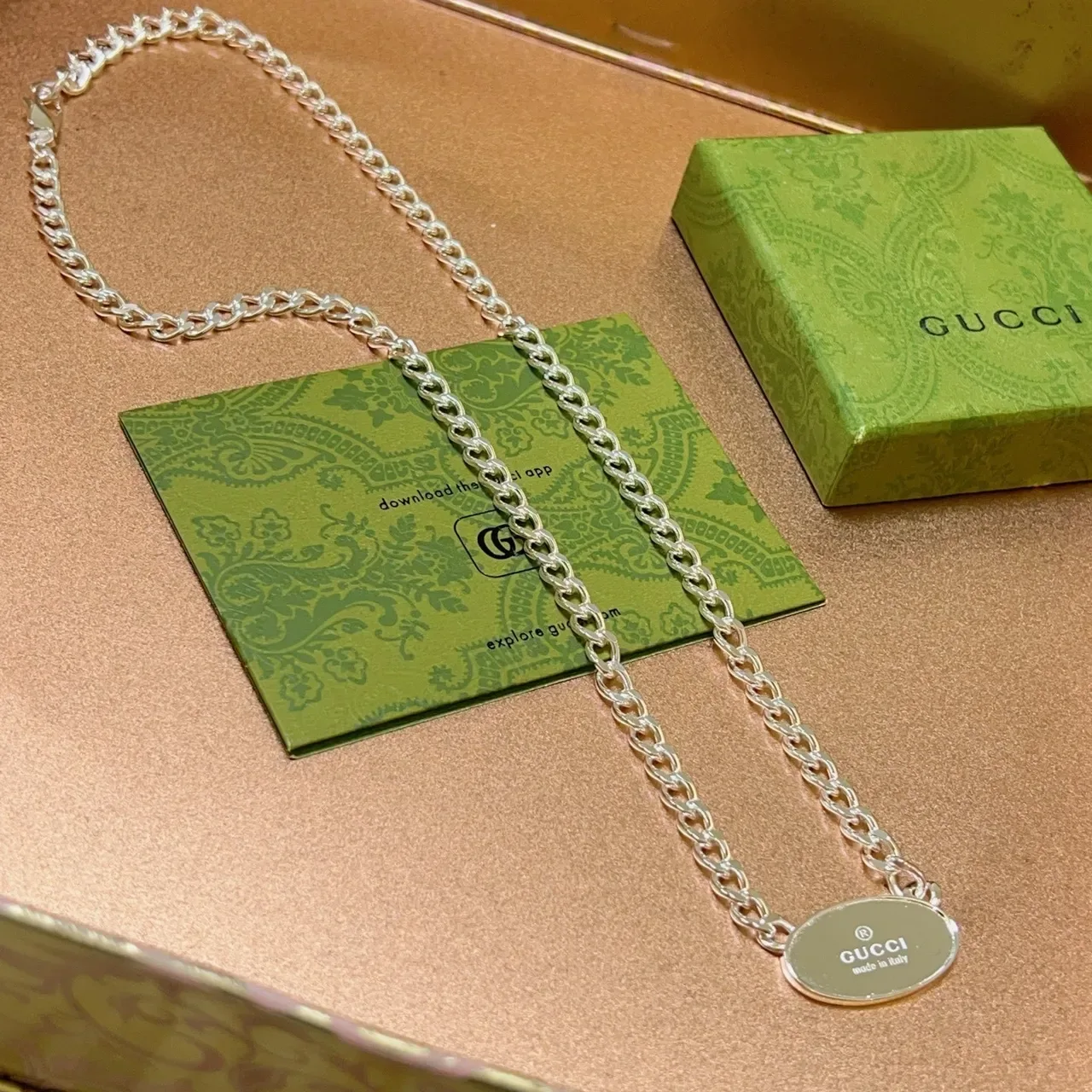 Gucci Oval ID Pendant Silver Curb Chain Necklace 3