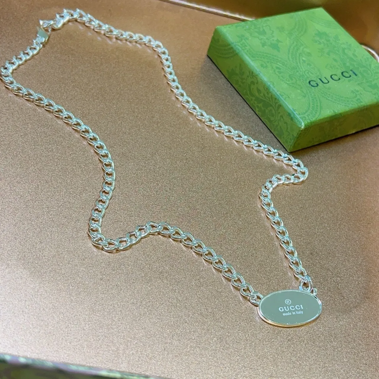 Gucci Oval ID Pendant Silver Curb Chain Necklace 6