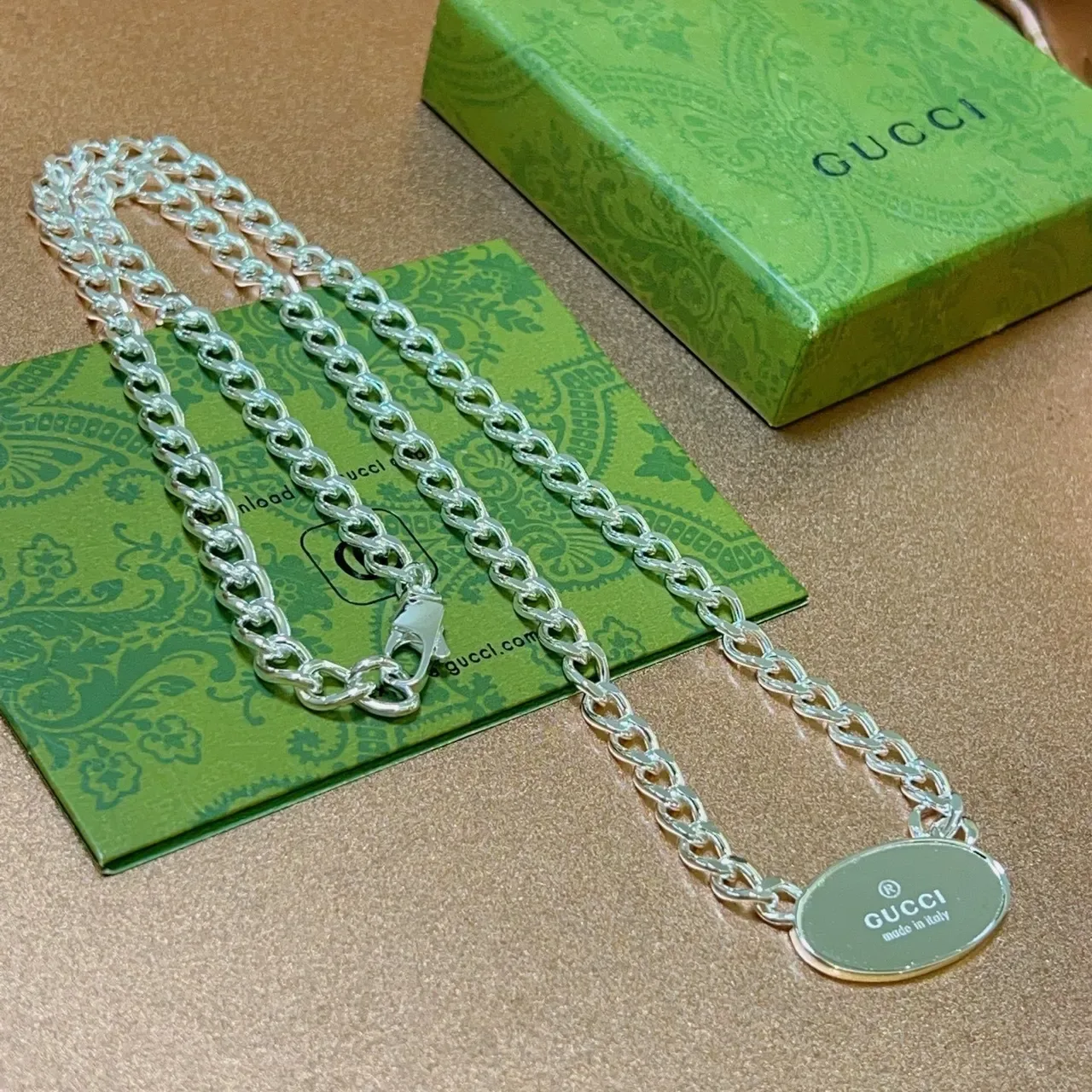 Gucci Oval ID Pendant Silver Curb Chain Necklace 7