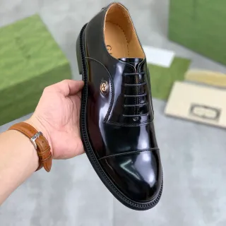 Gucci Oxford Black Brown High-Shine Leather Cap Toe Oxford Shoes