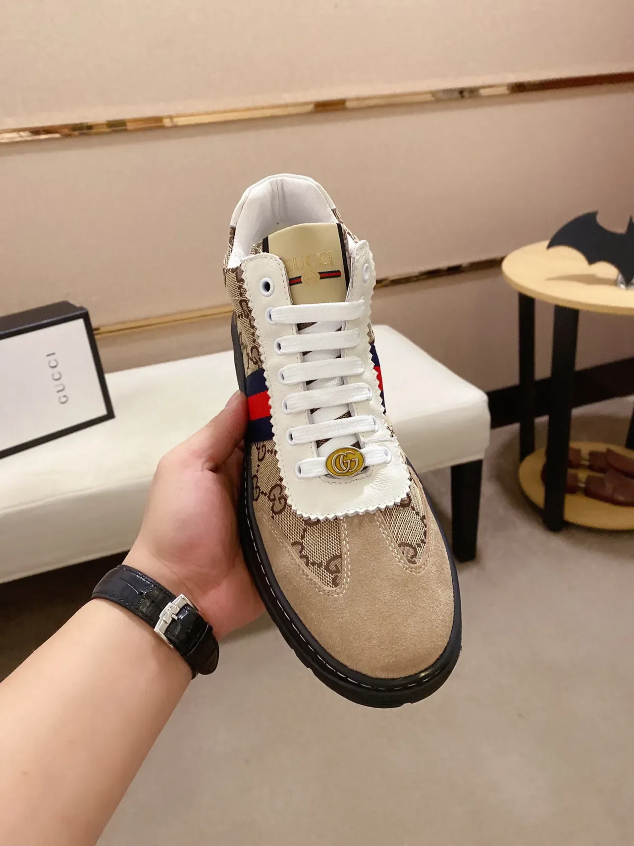 Gucci Screener Beige Toile et Daim Web Stripe Lifestyle Sneaker 9