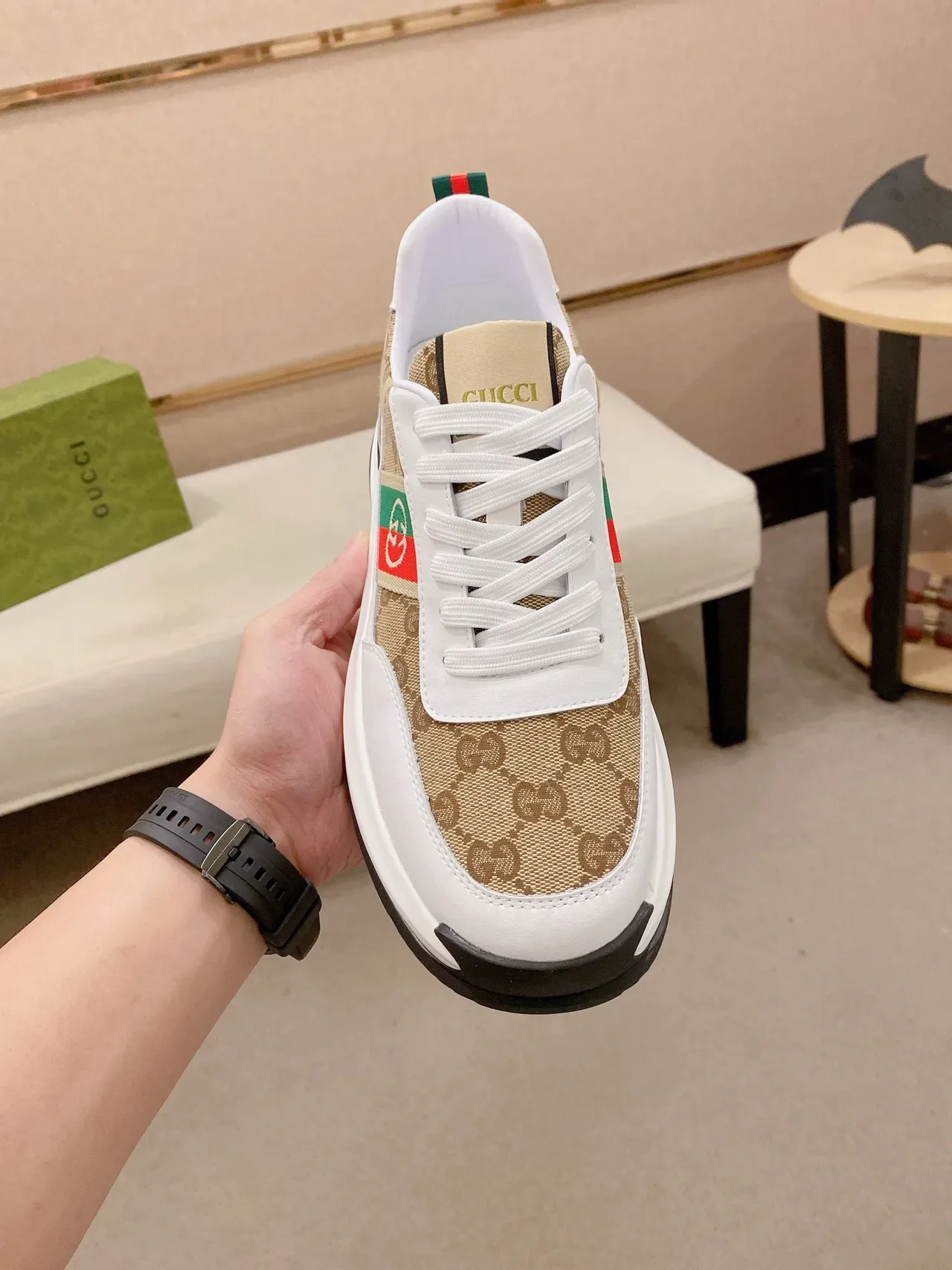 Gucci Screener Beige GG Canvas and White Leather Lifestyle Sneakers 2