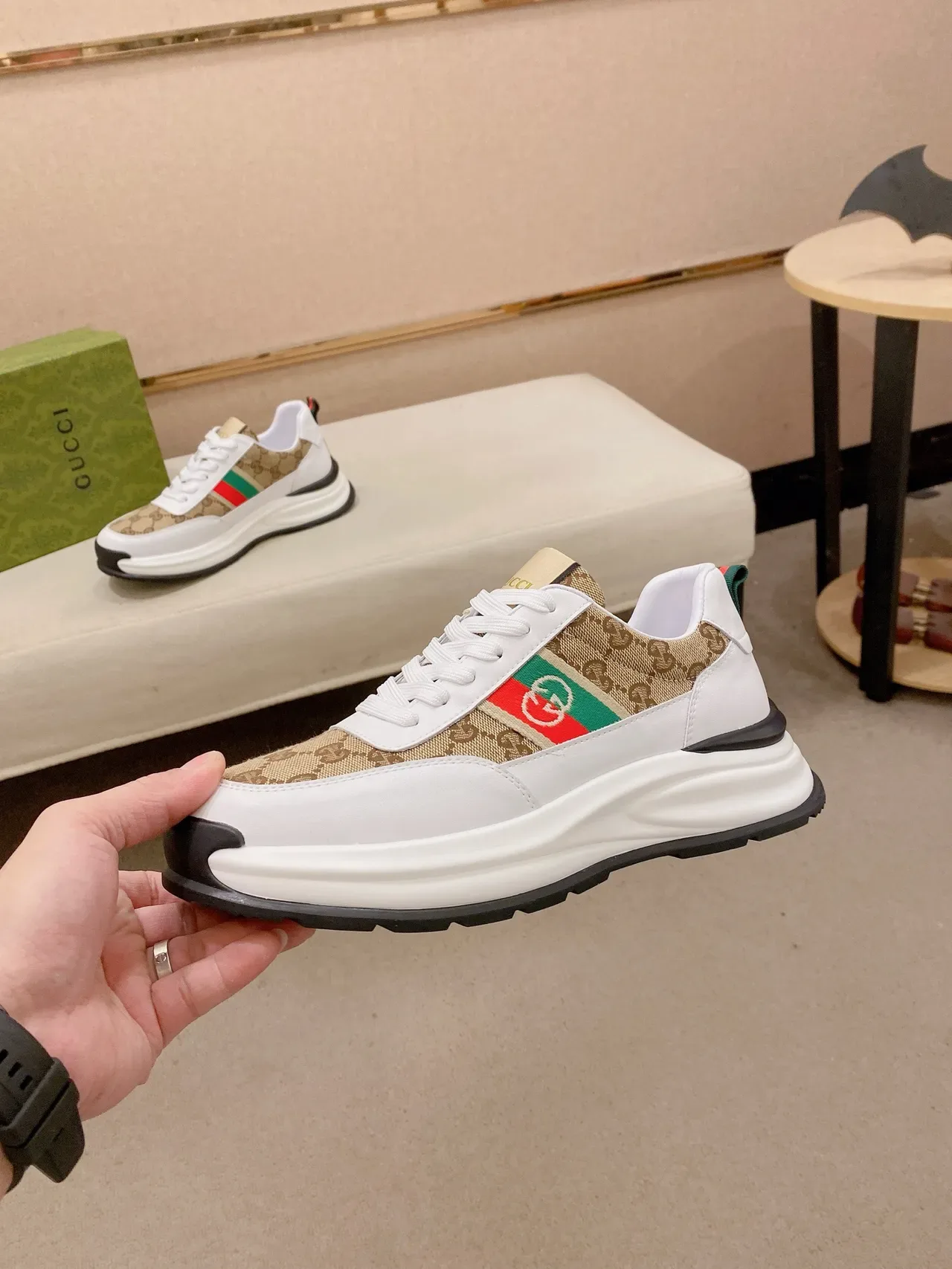 Gucci Screener Beige GG Canvas and White Leather Lifestyle Sneakers 3