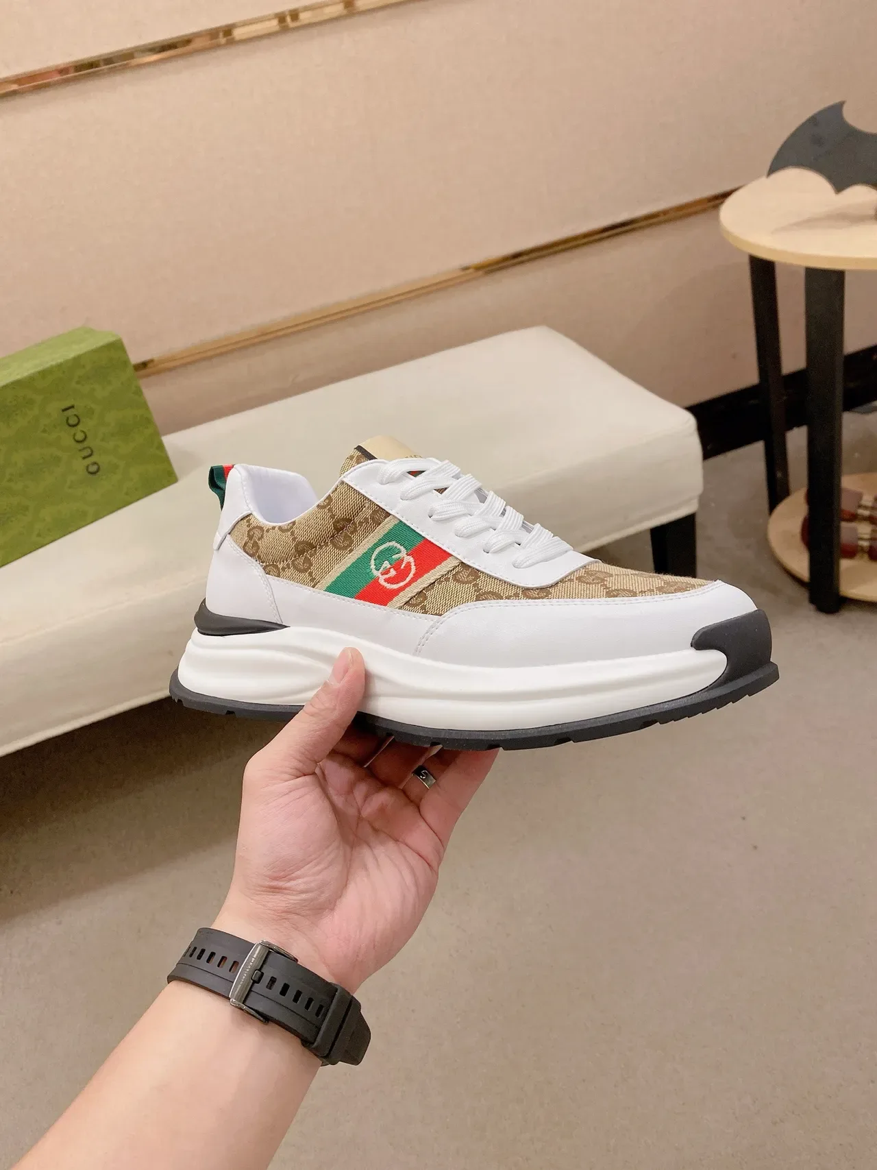 Gucci Screener Beige GG Canvas and White Leather Lifestyle Sneakers 4