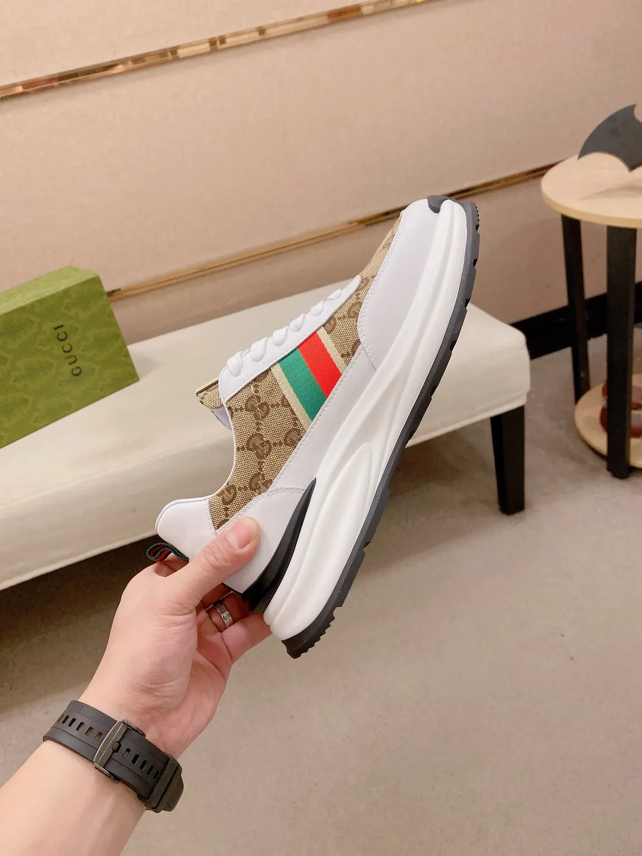 Gucci Screener Beige GG Canvas and White Leather Lifestyle Sneakers 5