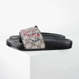 Gucci Screener Black Beige GG Monogram Canvas King Cobra Snake Print Slippers