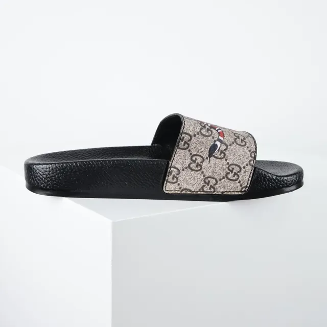 Gucci Screener Preto Bege GG Monogram Lona King Cobra Impressão de serpente Sandálias 7