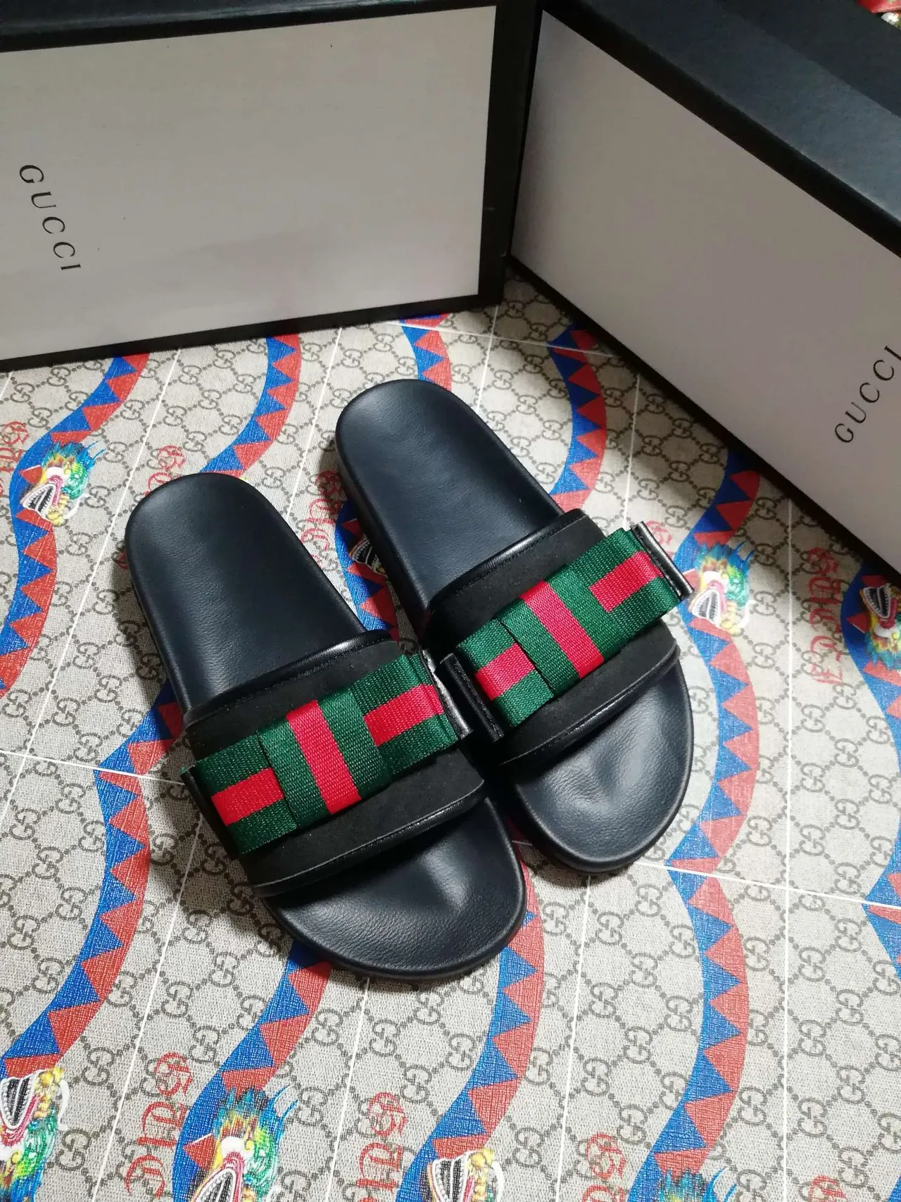 Gucci Screener Black Red Green Web Strap Slippers 2