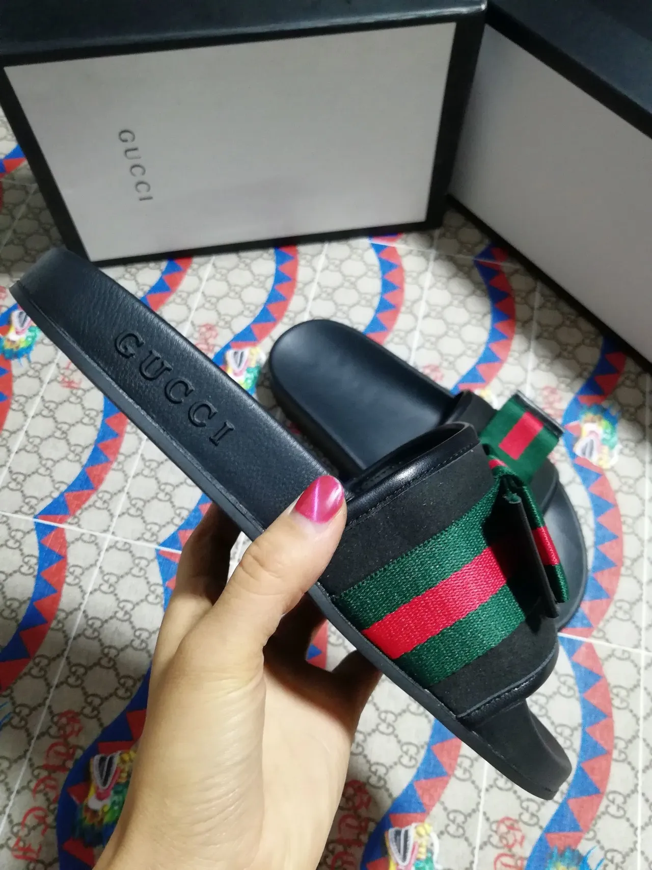 Gucci Screener Black Red Green Web Strap Slippers 3