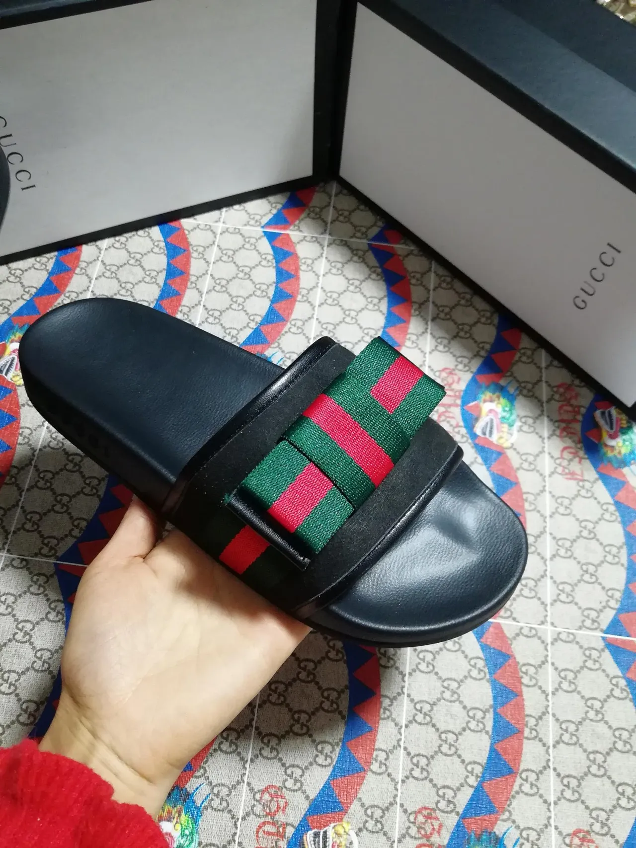 Gucci Screener Black Red Green Web Strap Slippers 5