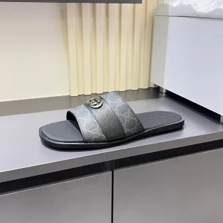 Gucci Screener ग्रे काला चमड़ा चप्पल