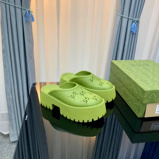 Gucci Screener Lime Green Perforated Platform Slippers 4