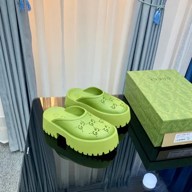 Gucci Screener Lime Green Perforated Platform Slippers 5