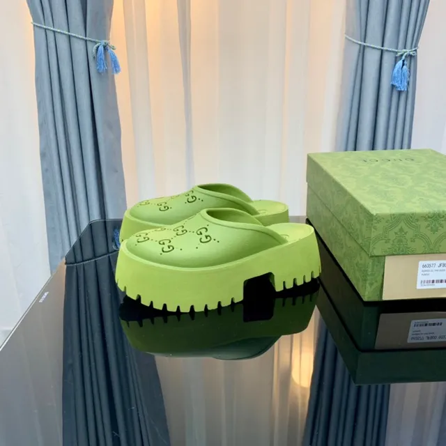 Gucci Screener Lime Green Perforated Platform Slippers 7