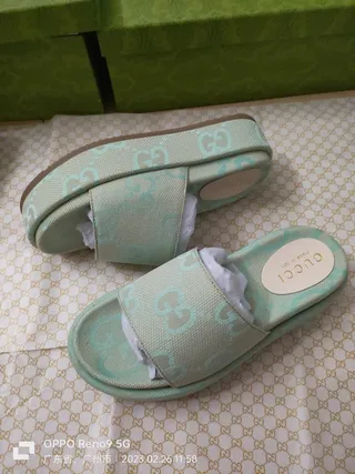 Gucci Screener Mint Green GG Monogram Jacquard Slippers 9