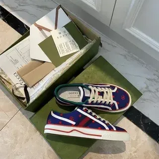 Gucci Screener Navy Blue Red Polka Dot Web Stripe Lifestyle Sneakers