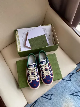 Gucci Screener Navy Blue Red Polka Dot Web Stripe Lifestyle Sneakers 4