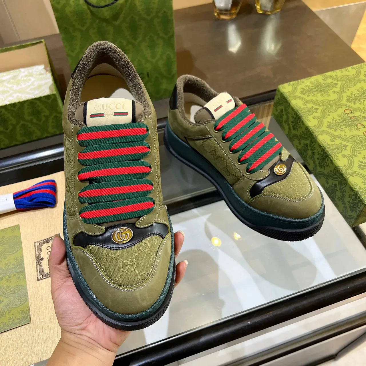Gucci Screener Olive Green and Teal Lifestyle Sneakers 2