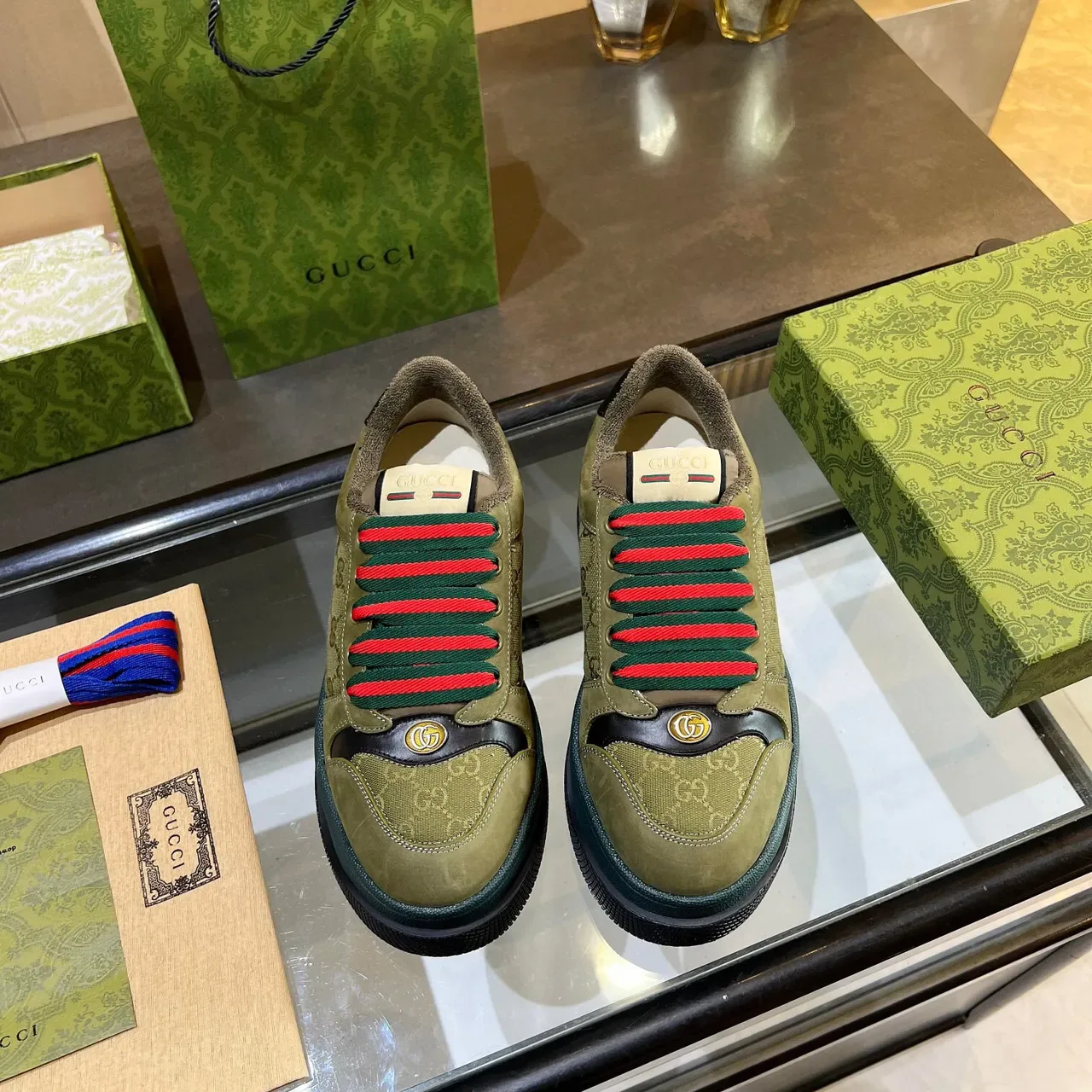 Gucci Screener Olive Green and Teal Lifestyle Sneakers 3