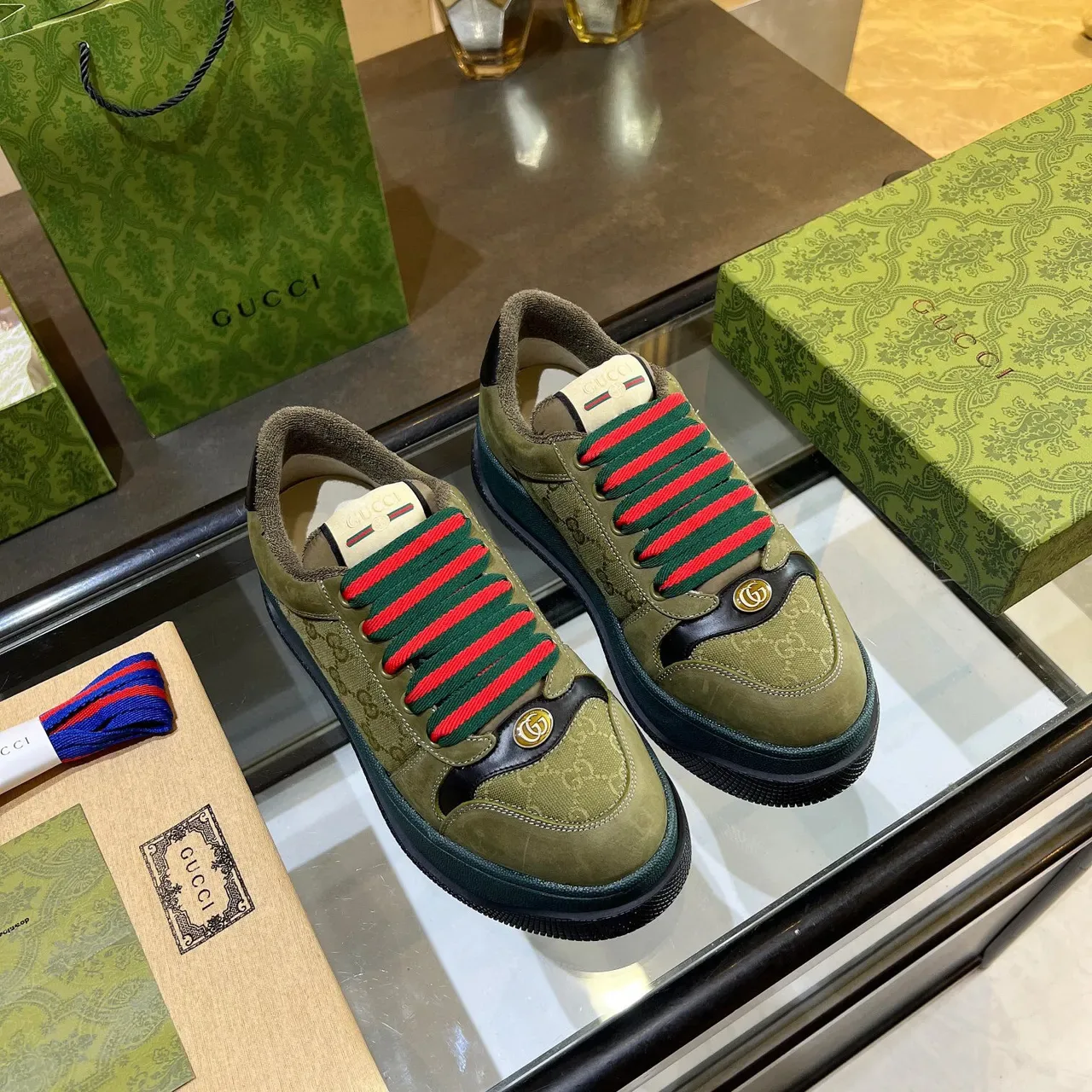 Gucci Screener Olive Green and Teal Lifestyle Sneakers 5