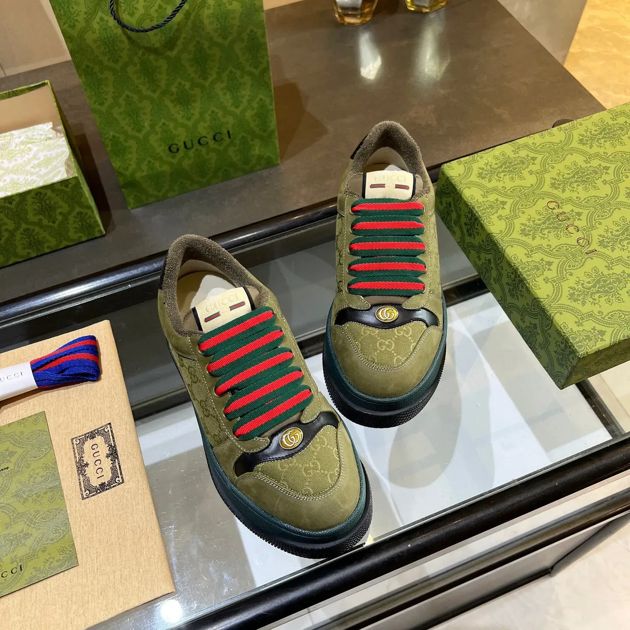 Gucci Screener Olive Green and Teal Lifestyle Sneakers 6