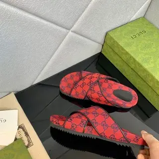 Gucci Screener Red and Navy GG Monogram Slide Slippers