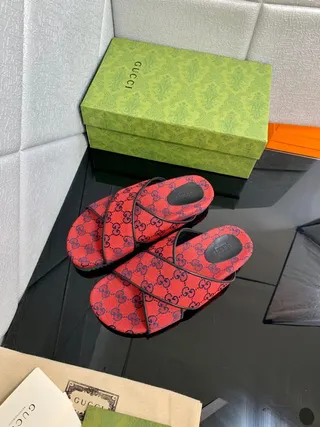 Gucci Screener Red and Navy GG Monogram Slide Slippers 2