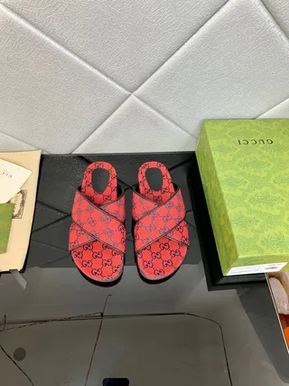 Gucci Screener Red and Navy GG Monogram Slide Slippers 5