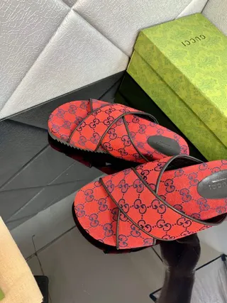 Gucci Screener Red and Navy GG Monogram Slide Slippers 6