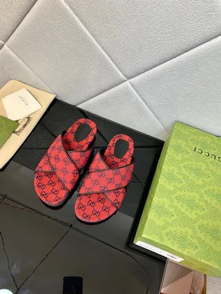 Gucci Screener Red and Navy GG Monogram Slide Slippers 7