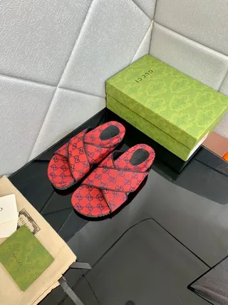 Gucci Screener Red and Navy GG Monogram Slide Slippers 8